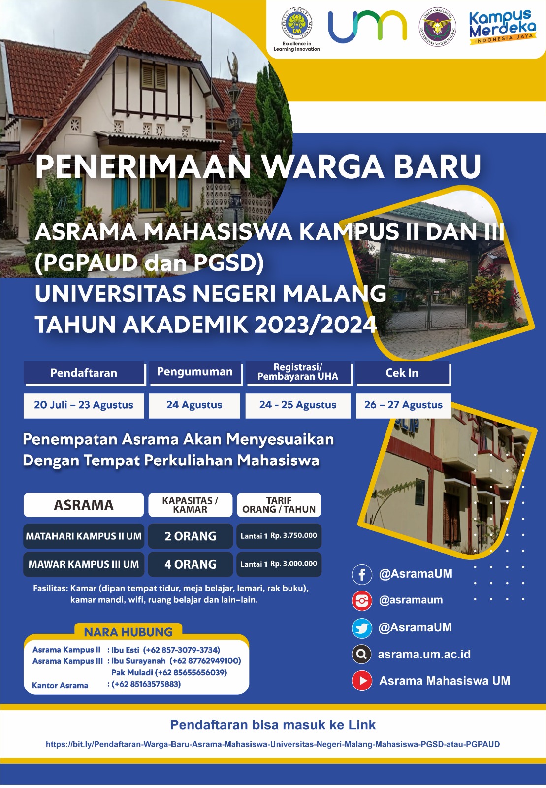 Pendaftaran Warga Baru Asrama Mahasiswa Universitas Negeri Malang Mahasiswa S1 PGSD